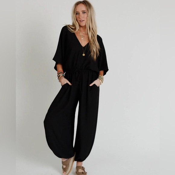 Three Bird Nest Pants - New Love Relaxed Drawstring Jumpsuit - Black